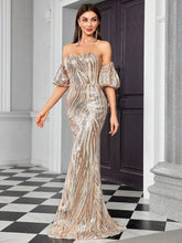 Mgiacy Strapless Fishtail Long Dress With Sexy Glitter Puff Sleeves, Slim Fit